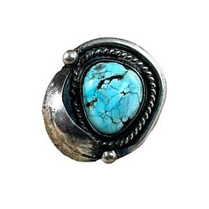 Vintage Blue Turquoise Leaf Ring, Sterling Silver Native American Ring Sz 5.5